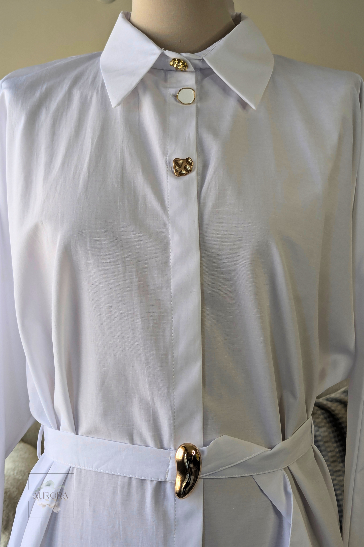 Formal Belted Long Sleeve Shirt with Decorative Buttons in White – Aurora Fashion Boutique