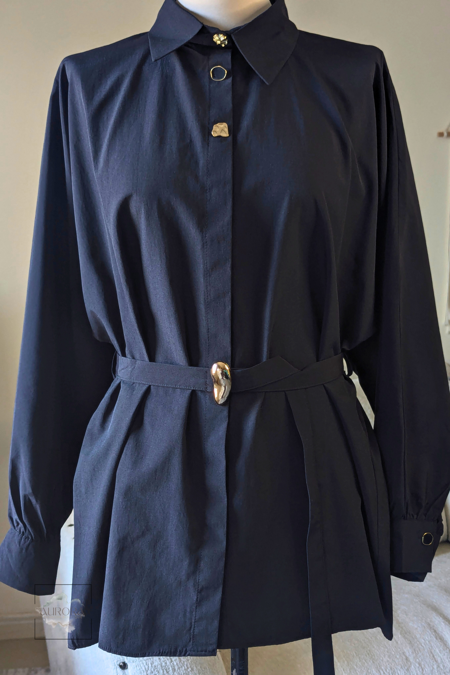 Formal Belted Long Sleeve Shirt with Decorative Buttons in Black – Aurora Fashion Boutique