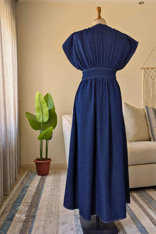 Full-length cotton denim dress, back view