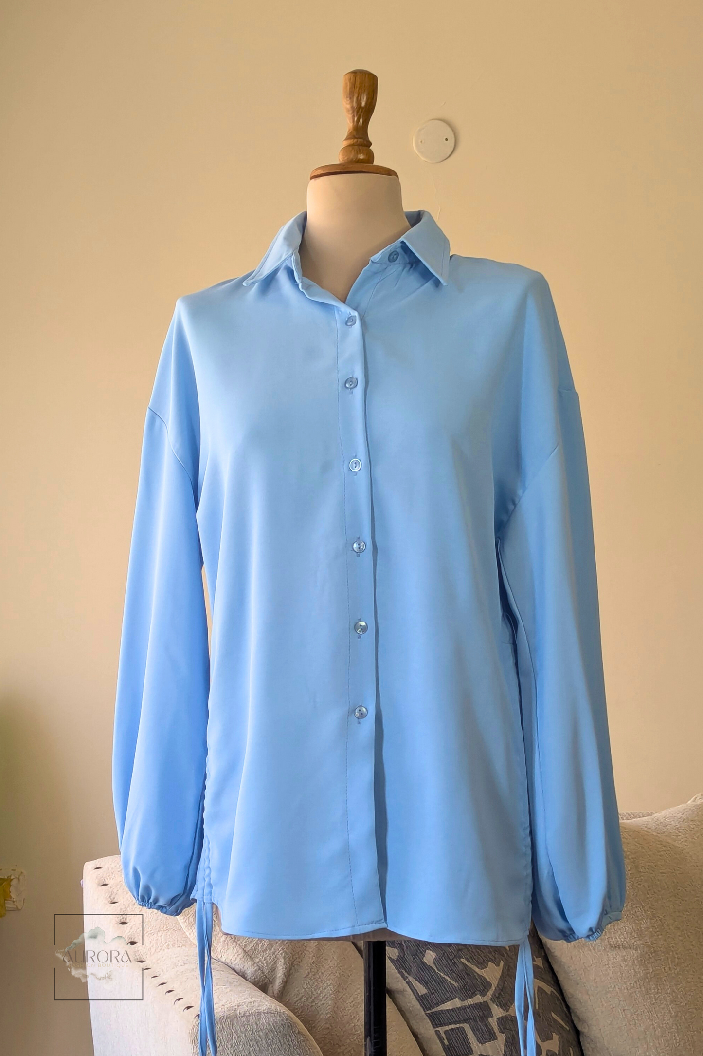 Side-Tie Long Sleeve Shirt in Blue, Polyester – Aurora Fashion Boutique