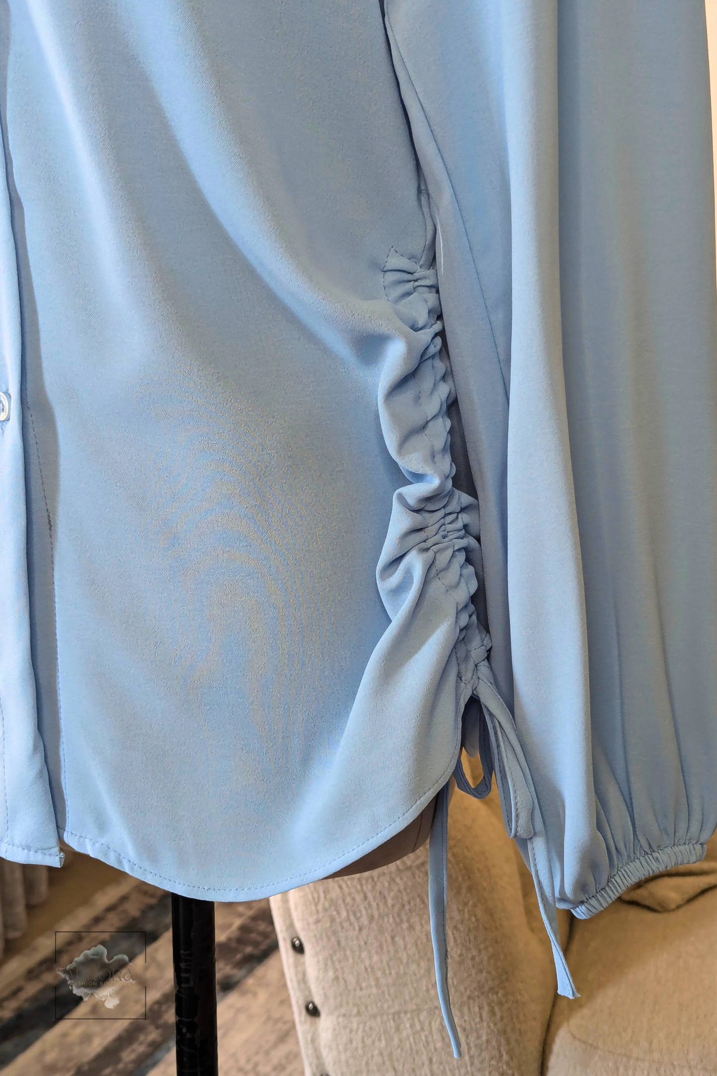 Side-Tie Long Sleeve Shirt in Blue, Polyester – Aurora Fashion Boutique