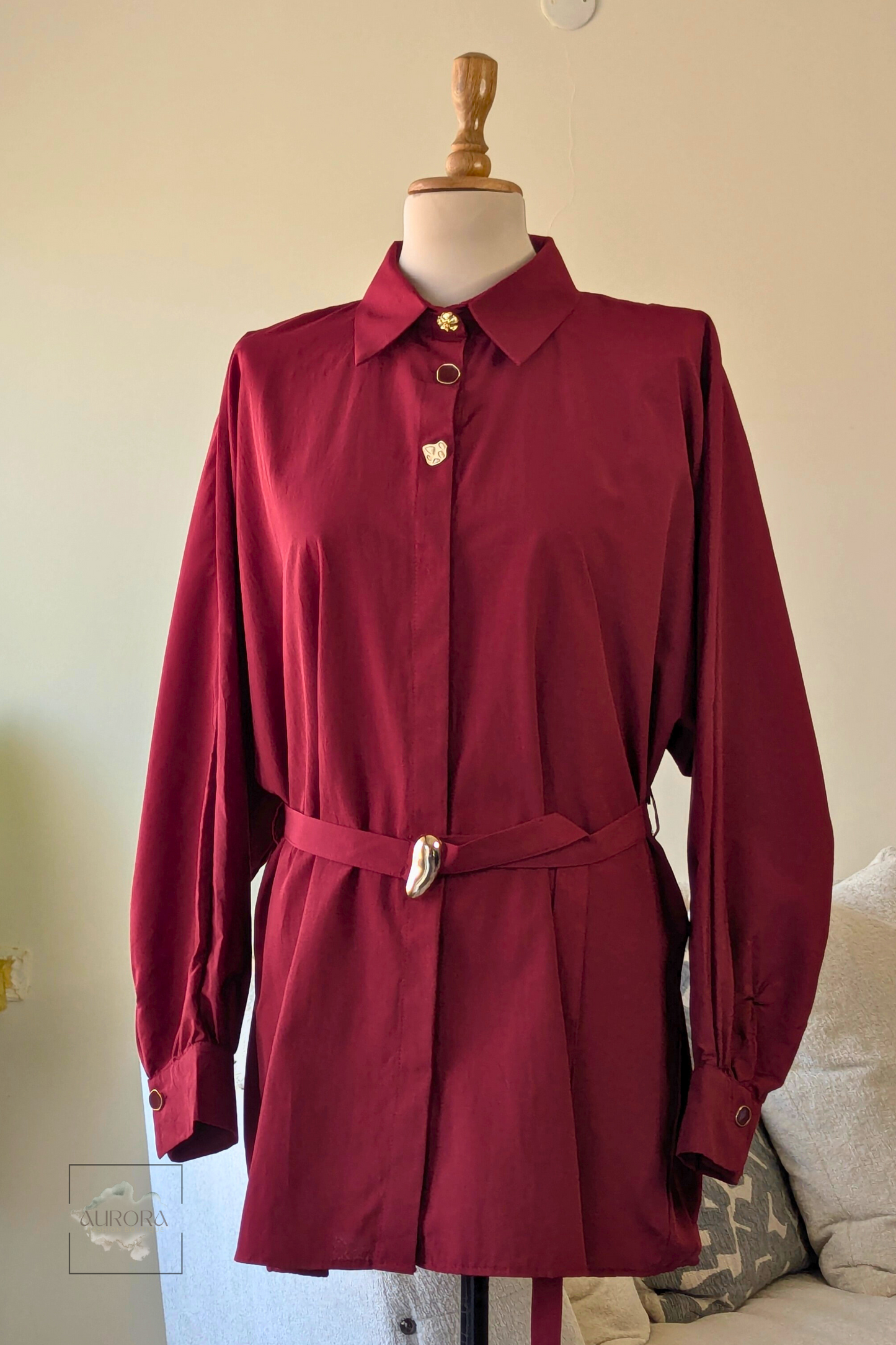 Formal Belted Long Sleeve Shirt with Decorative Buttons in Burgundy – Aurora Fashion Boutique