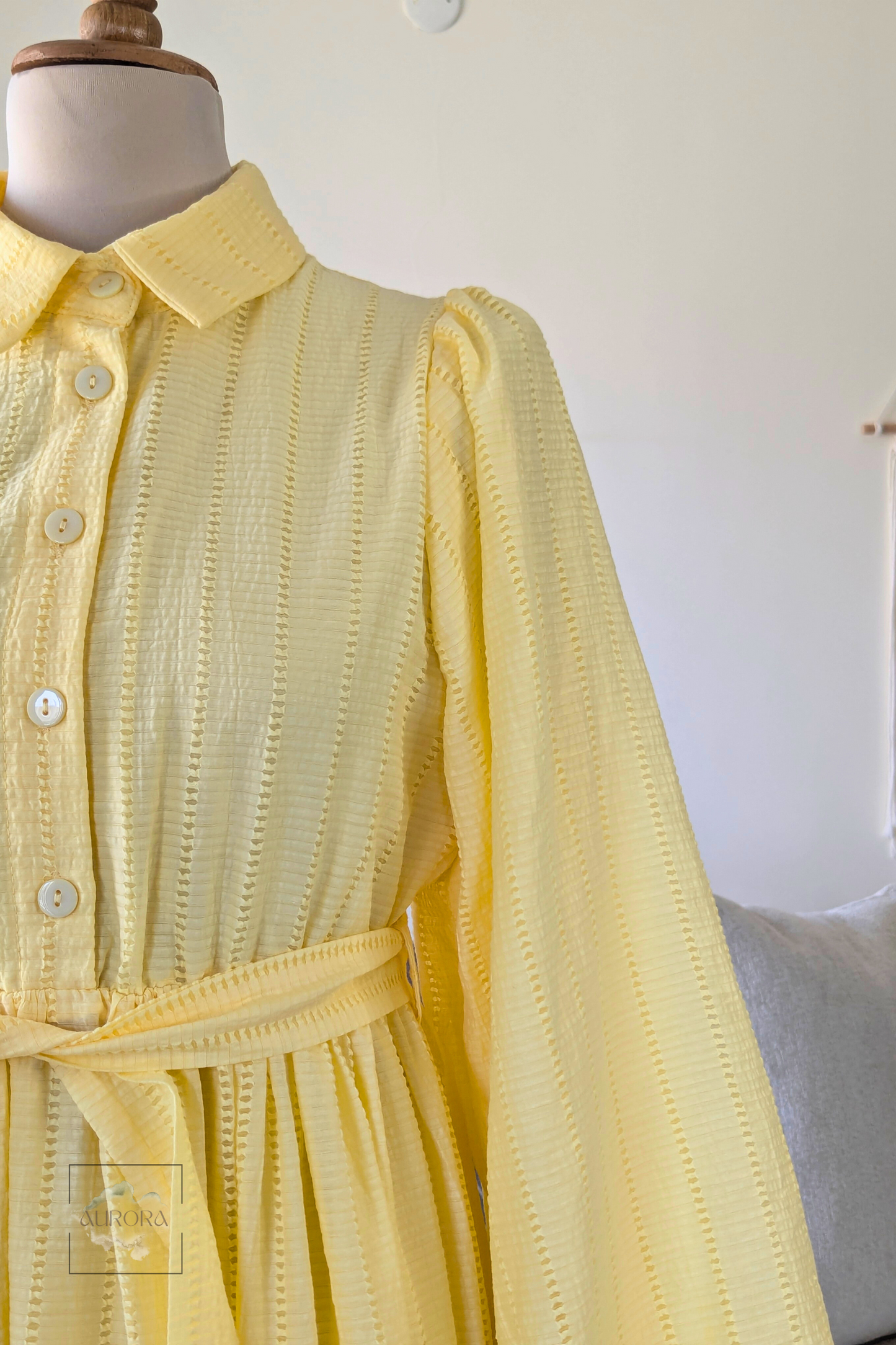 Aurora modest A-line cotton dress in yellow with fabric belt and balloon sleeves. Perfect for hijabis