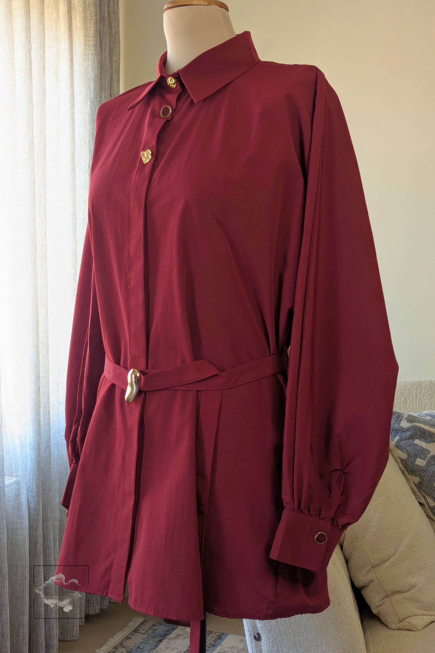 Formal Belted Long Sleeve Shirt with Decorative Buttons in Burgundy – Aurora Fashion Boutique