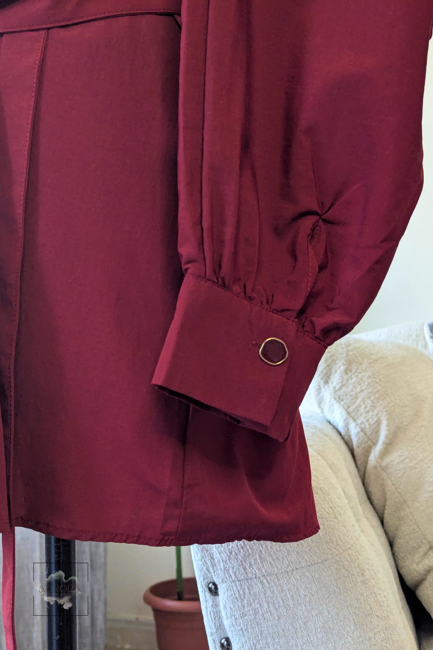 Formal Belted Long Sleeve Shirt with Decorative Buttons in Burgundy – Aurora Fashion Boutique