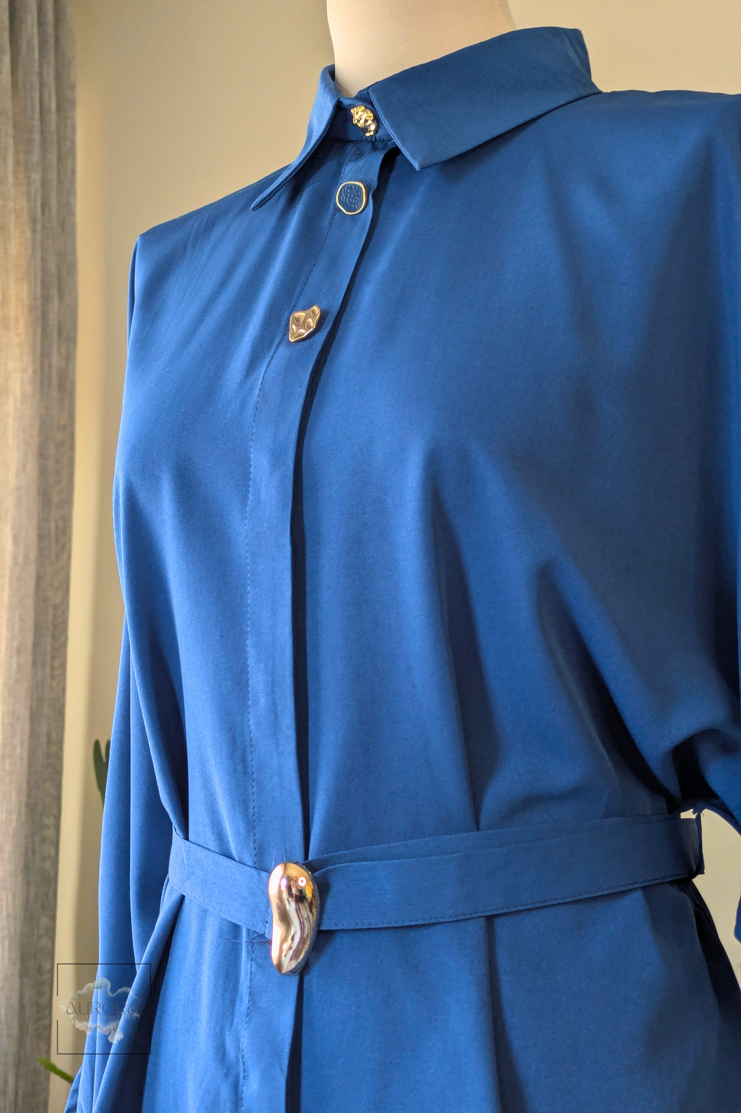 Formal Belted Long Sleeve Shirt with Decorative Buttons in Indigo – Aurora Fashion Boutique