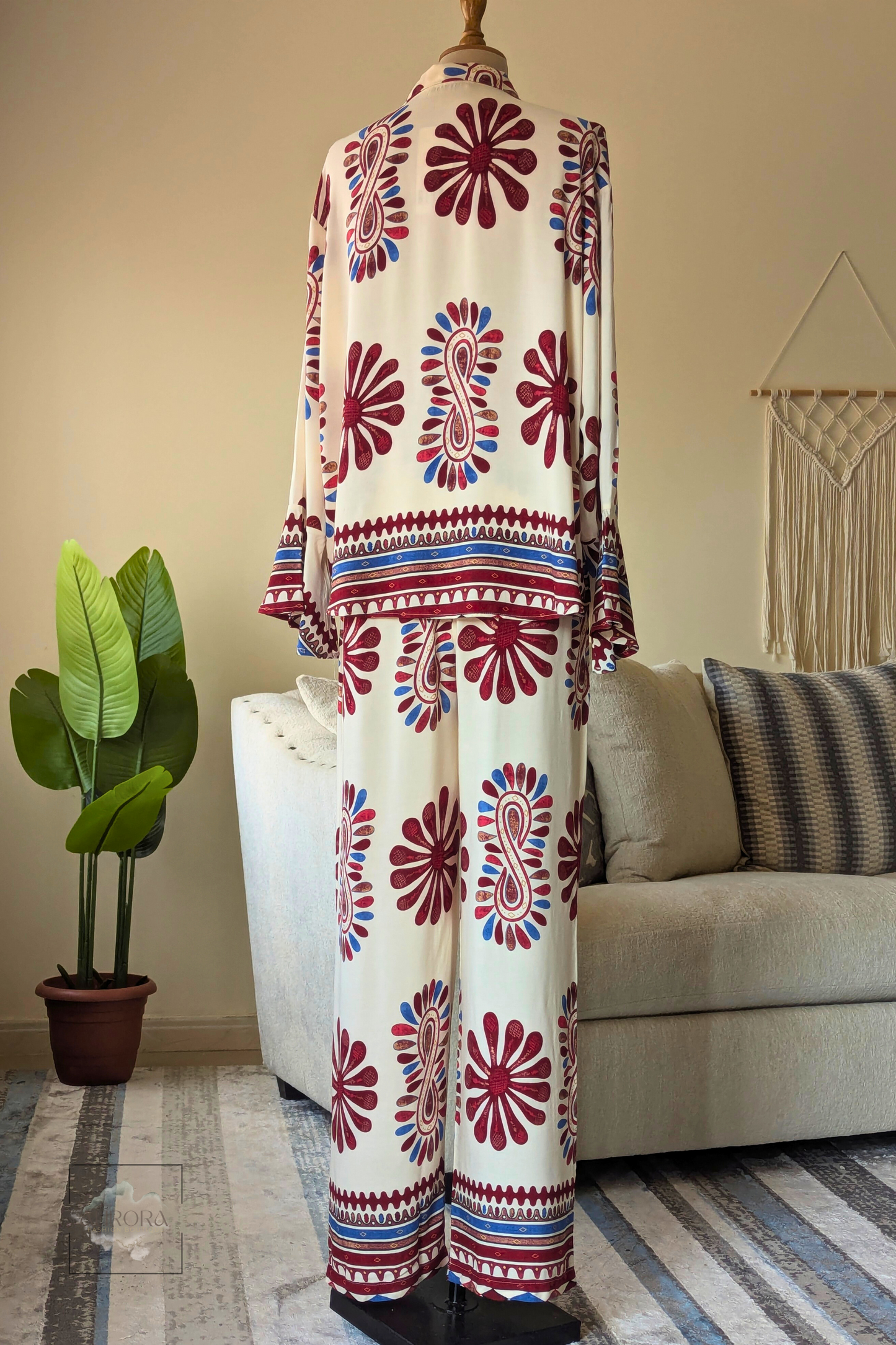 Flowy Viscose Suit with Flared Sleeves – Red Patterned Design | Aurora Fashion Boutique