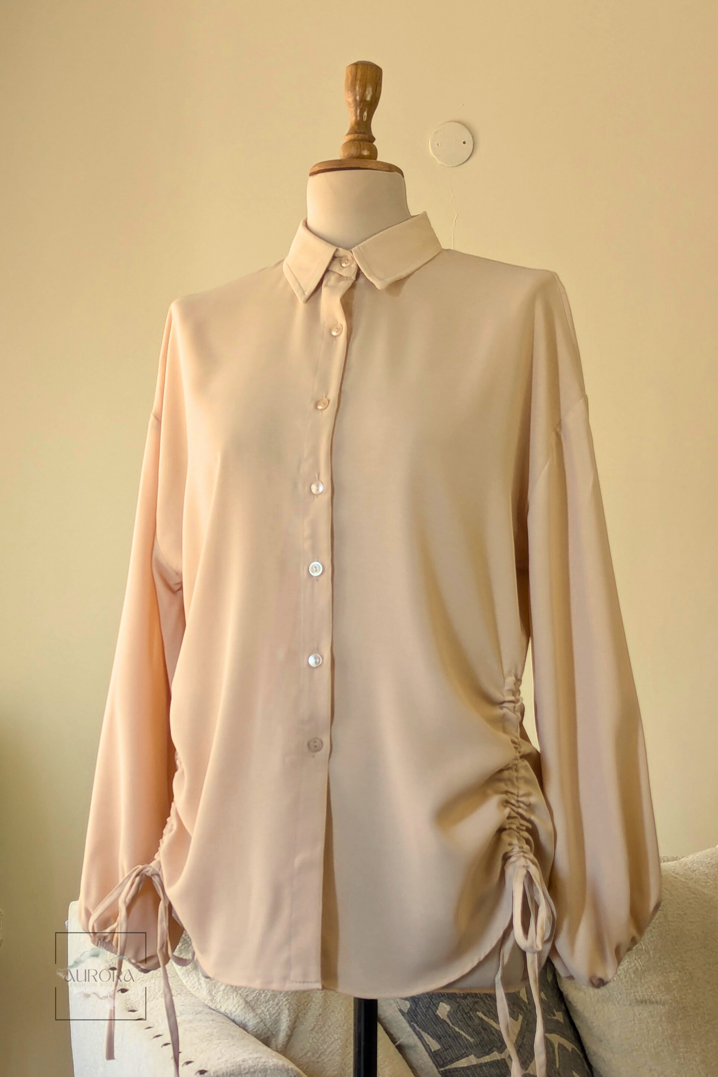 Side-Tie Long Sleeve Shirt in Stone, Polyester – Aurora Fashion Boutique