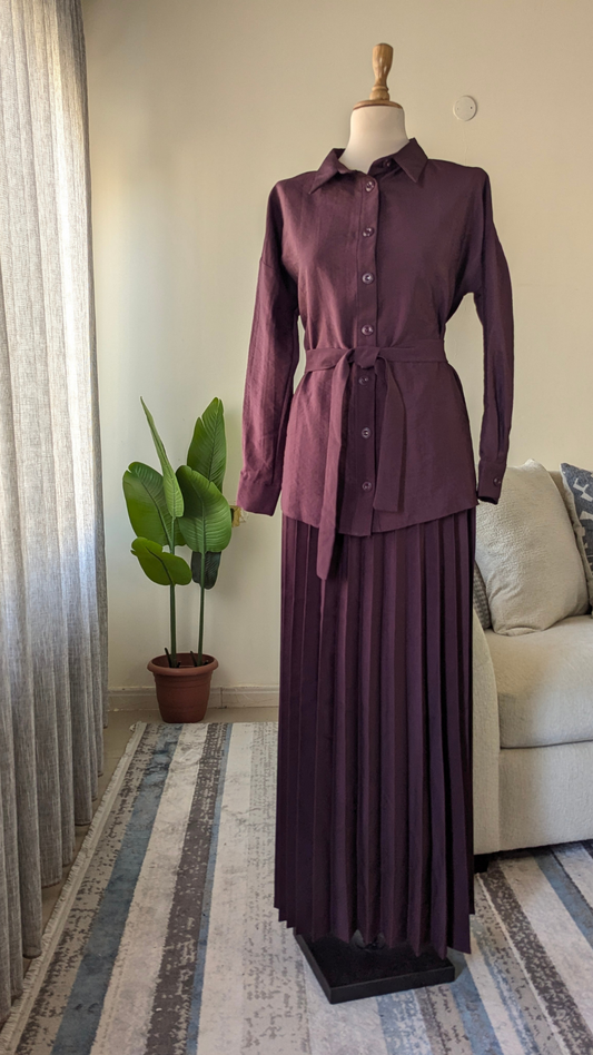 Accordion Pleated Suit with Belted Shirt & Asymmetric Overlay
