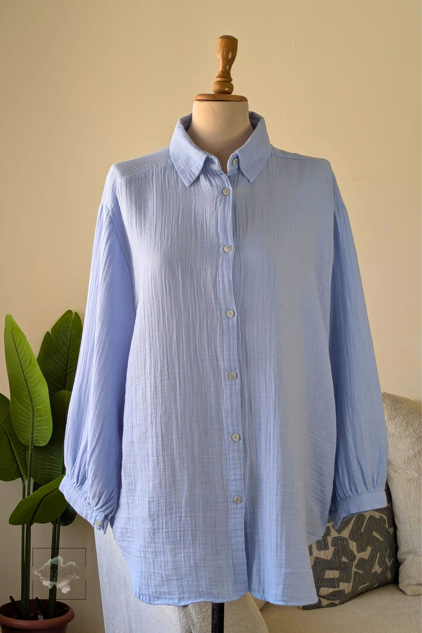 Oversized Cotton Long Sleeve Shirt in Baby blue – Aurora Fashion Boutique