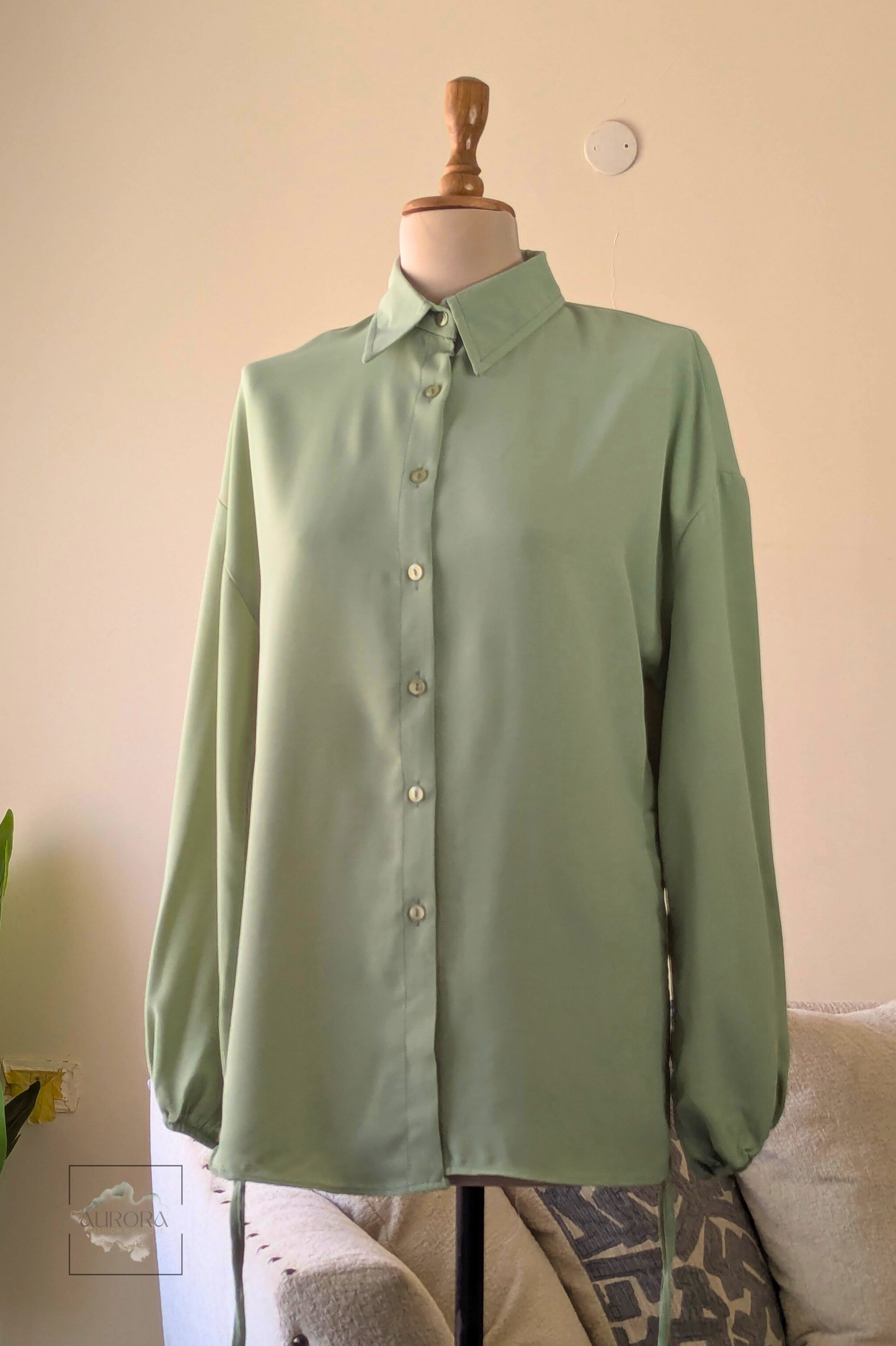 Side-Tie Long Sleeve Shirt in Mint, Polyester – Aurora Fashion Boutique