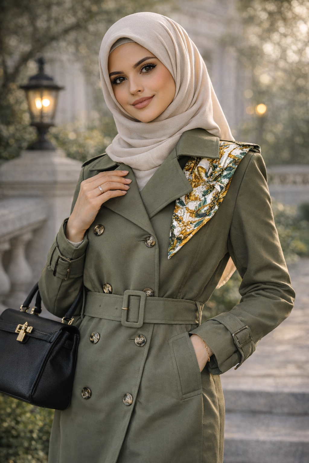 Classic Trench Coat with Matching Patterned Scarf