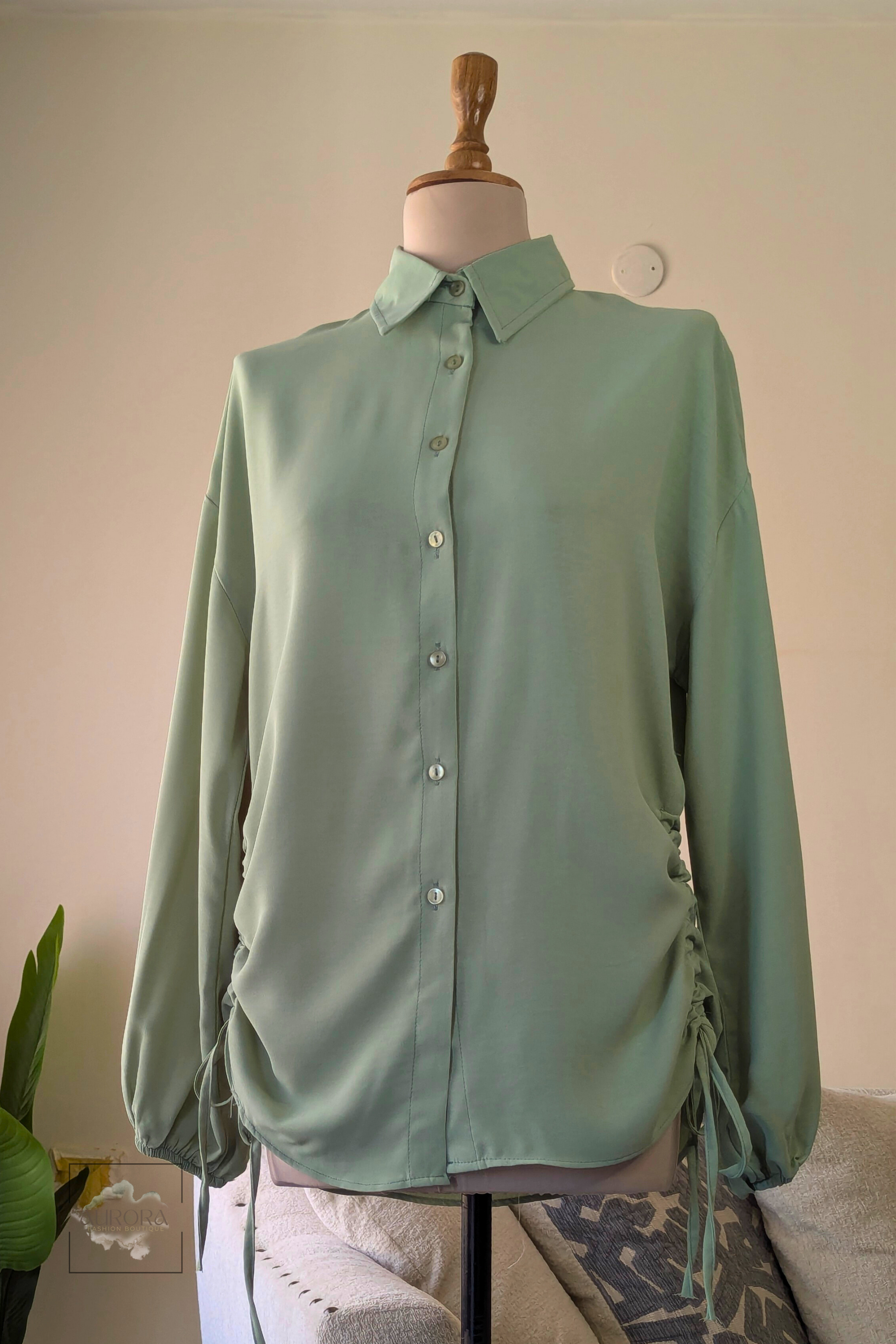 Side-Tie Long Sleeve Shirt in Mint, Polyester – Aurora Fashion Boutique