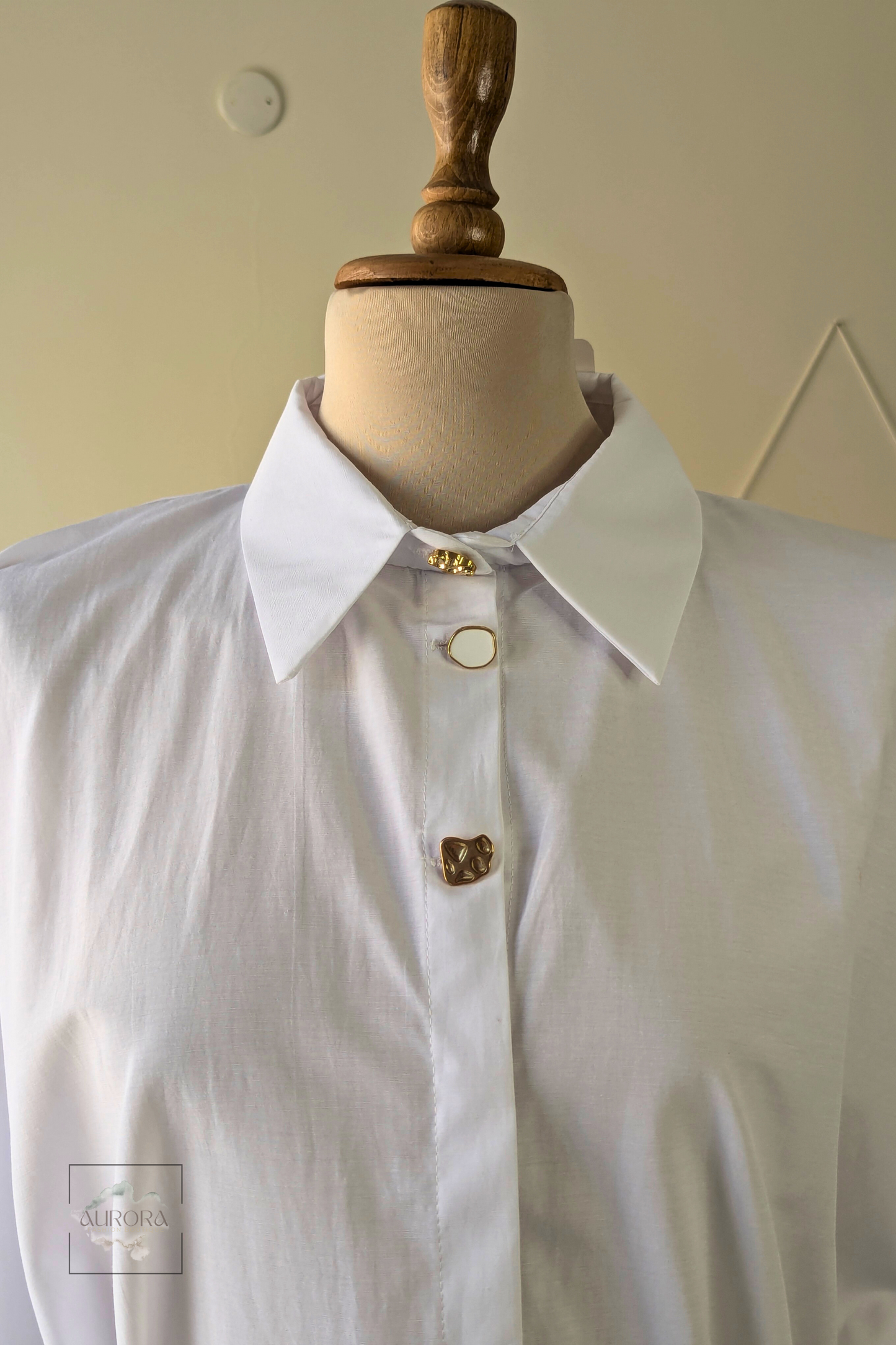 Formal Belted Long Sleeve Shirt with Decorative Buttons in White – Aurora Fashion Boutique