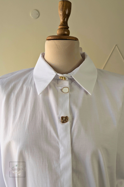 Formal Belted Long Sleeve Shirt with Decorative Buttons in White – Aurora Fashion Boutique