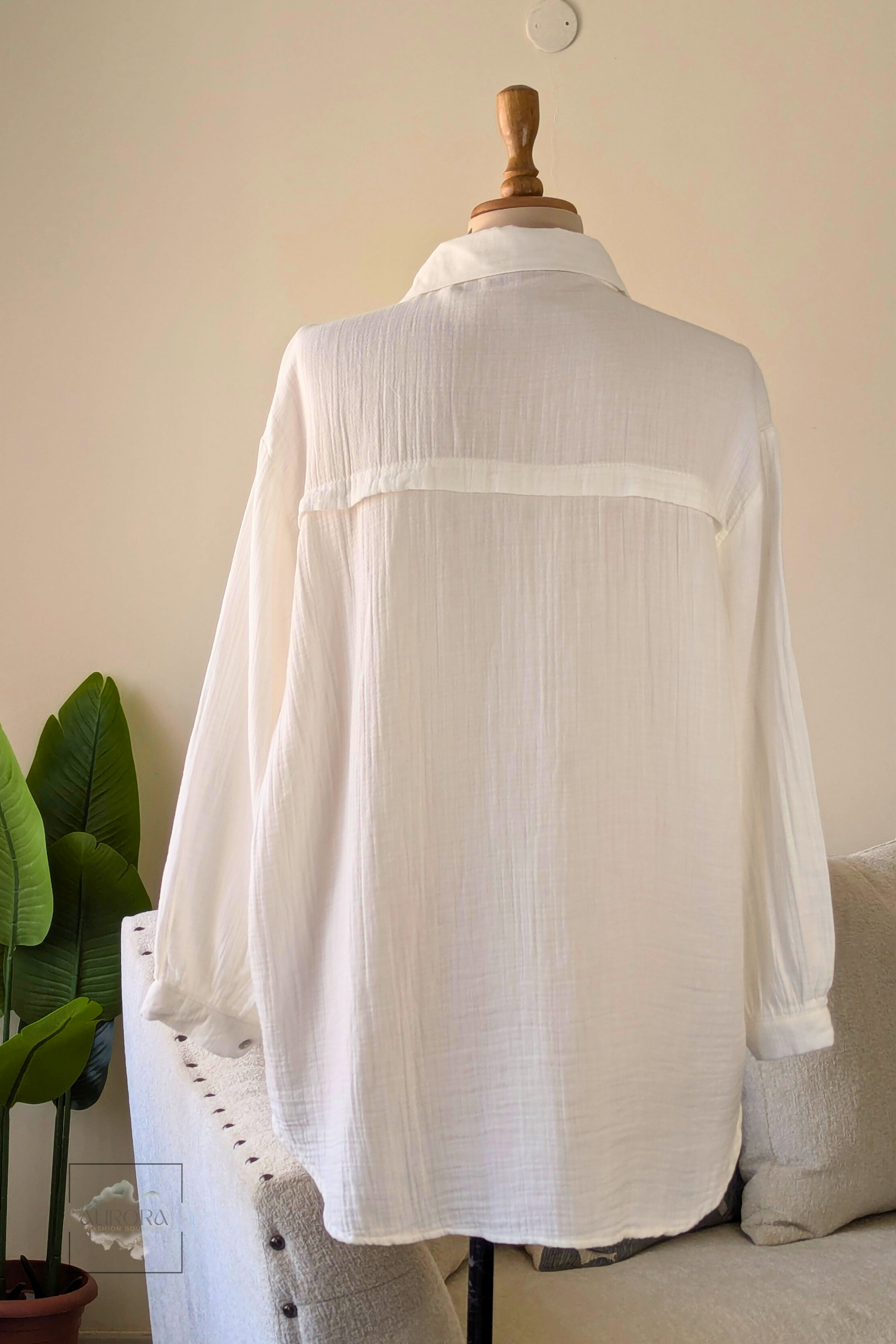 Oversized Cotton Long Sleeve Shirt in White  – Aurora Fashion Boutique