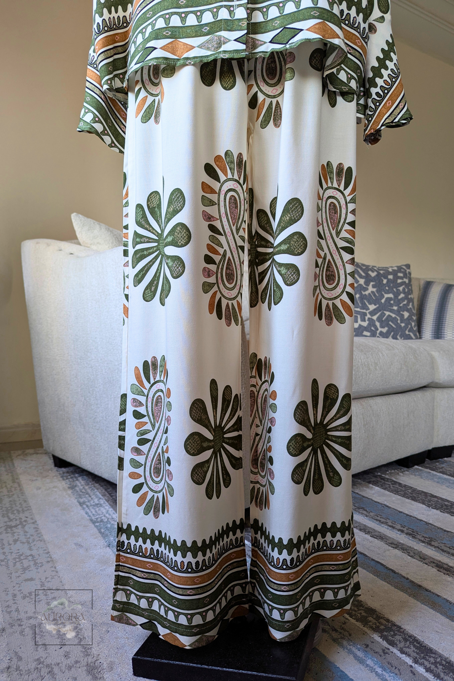 Flowy Viscose Suit with Flared Sleeves – Khaki Patterned Design | Aurora Fashion Boutique
