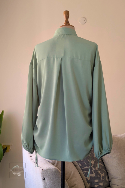Side-Tie Long Sleeve Shirt in Mint, Polyester – Aurora Fashion Boutique