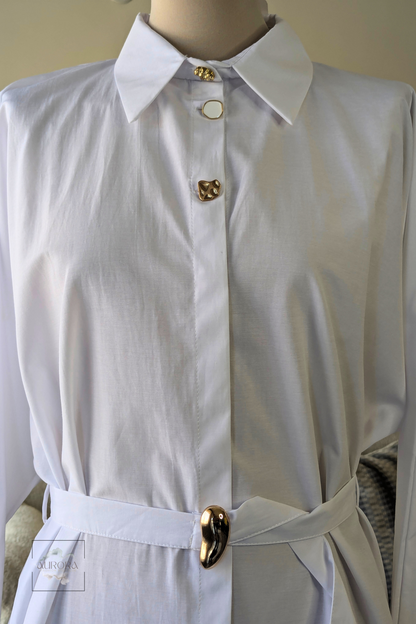 Formal Belted Long Sleeve Shirt with Decorative Buttons in White – Aurora Fashion Boutique