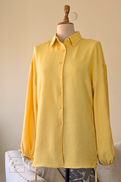 Side-Tie Long Sleeve Shirt in Yellow, Polyester – Aurora Fashion Boutique