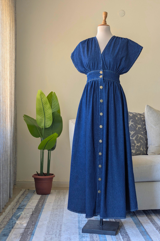 Blue denim A-line maxi dress with stitched waist detail and button closure