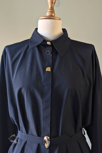 Formal Belted Long Sleeve Shirt with Decorative Buttons in Black – Aurora Fashion Boutique