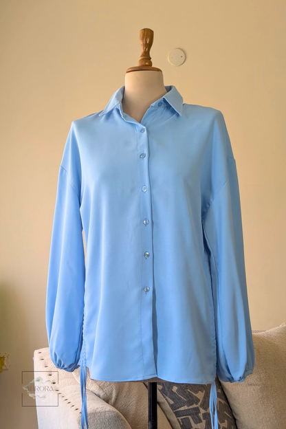 Side-Tie Long Sleeve Shirt in Blue, Polyester – Aurora Fashion Boutique