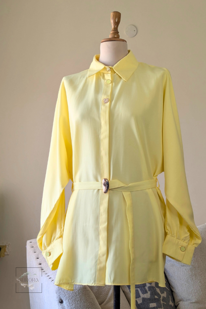 Formal Belted Long Sleeve Shirt with Decorative Buttons in Yellow – Aurora Fashion Boutique