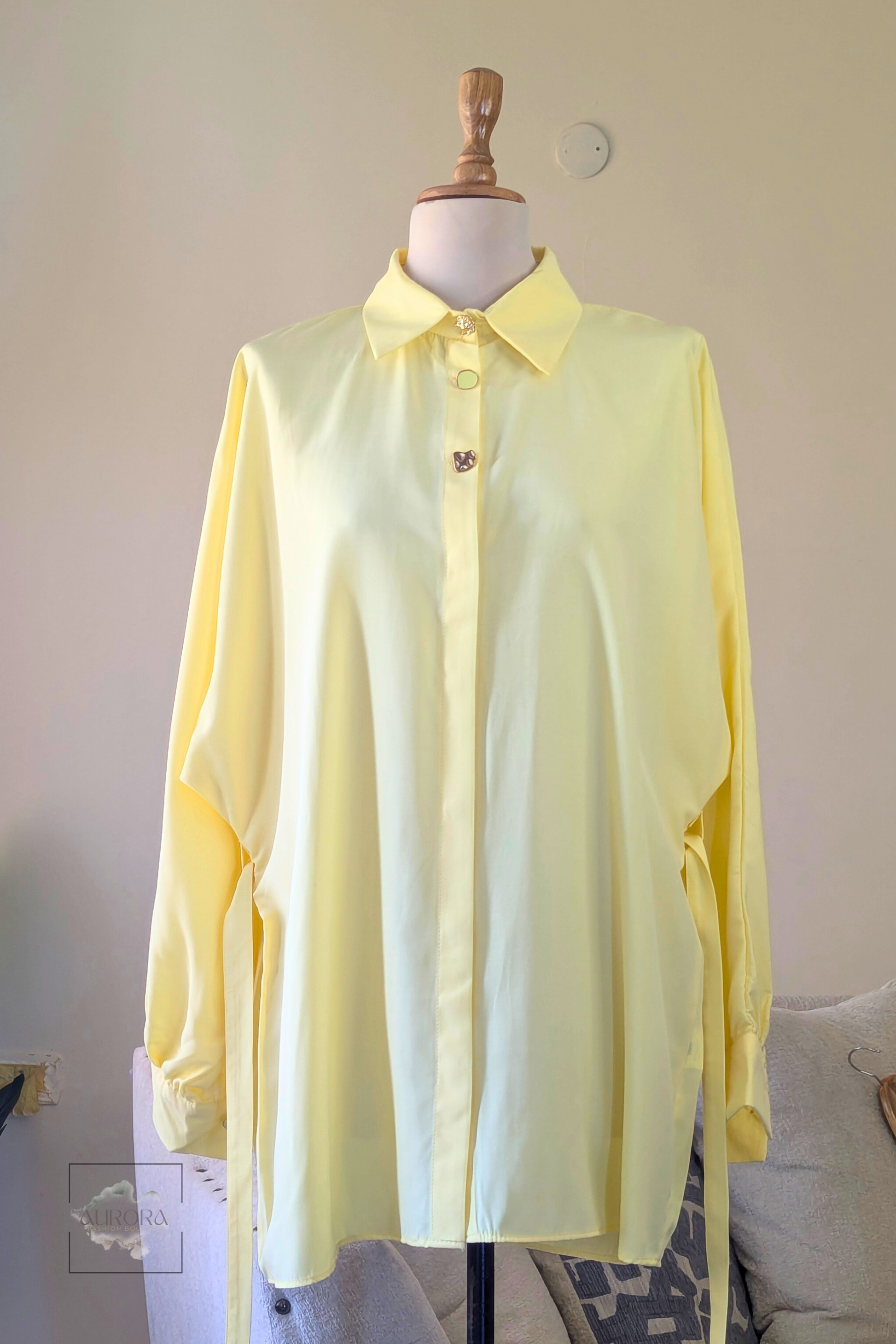 Formal Belted Long Sleeve Shirt with Decorative Buttons in Yellow – Aurora Fashion Boutique