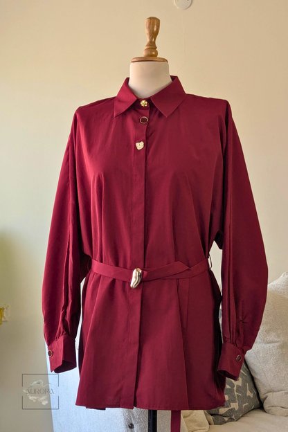 Formal Belted Long Sleeve Shirt with Decorative Buttons in Burgundy – Aurora Fashion Boutique