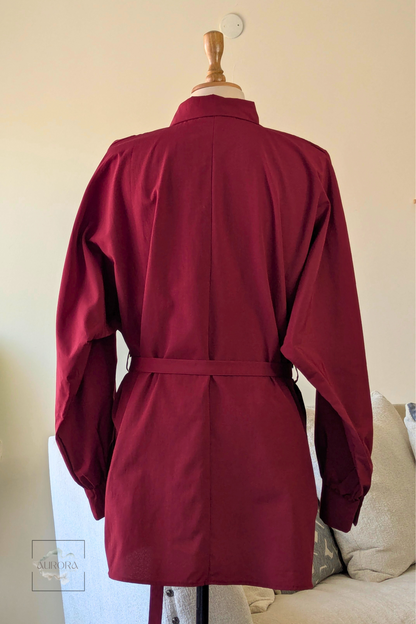 Formal Belted Long Sleeve Shirt with Decorative Buttons in Burgundy – Aurora Fashion Boutique