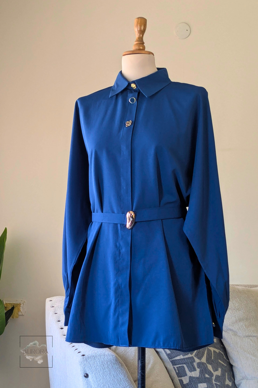 Formal Belted Long Sleeve Shirt with Decorative Buttons in Indigo – Aurora Fashion Boutique