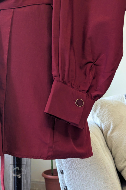 Formal Belted Long Sleeve Shirt with Decorative Buttons in Burgundy – Aurora Fashion Boutique