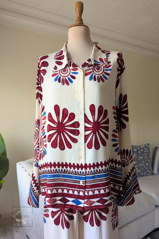 Flowy Viscose Suit with Flared Sleeves – Red Patterned Design | Aurora Fashion Boutique