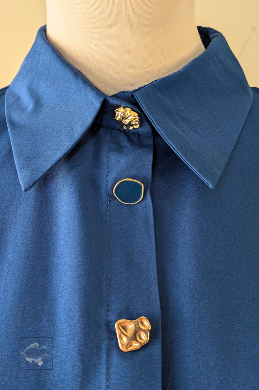 Formal Belted Long Sleeve Shirt with Decorative Buttons in Indigo – Aurora Fashion Boutique