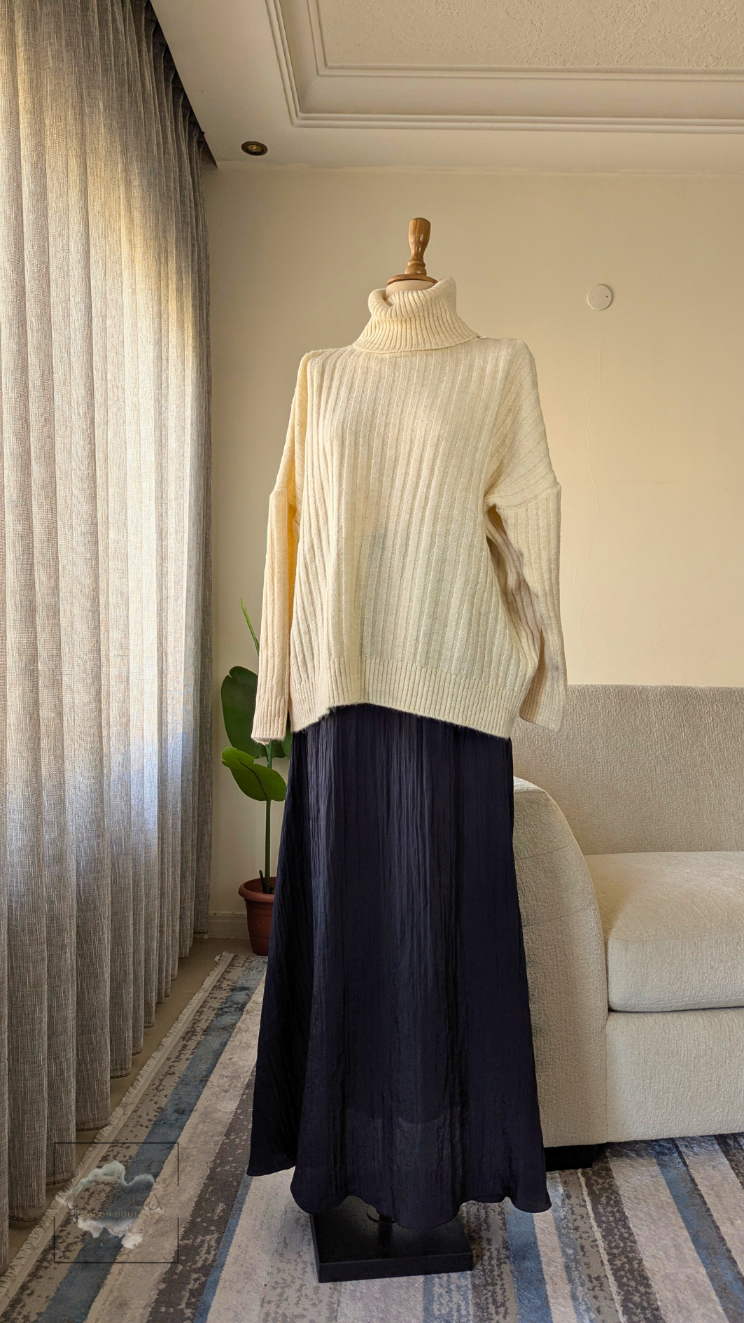 High-Neck Ribbed Tricot Blouse