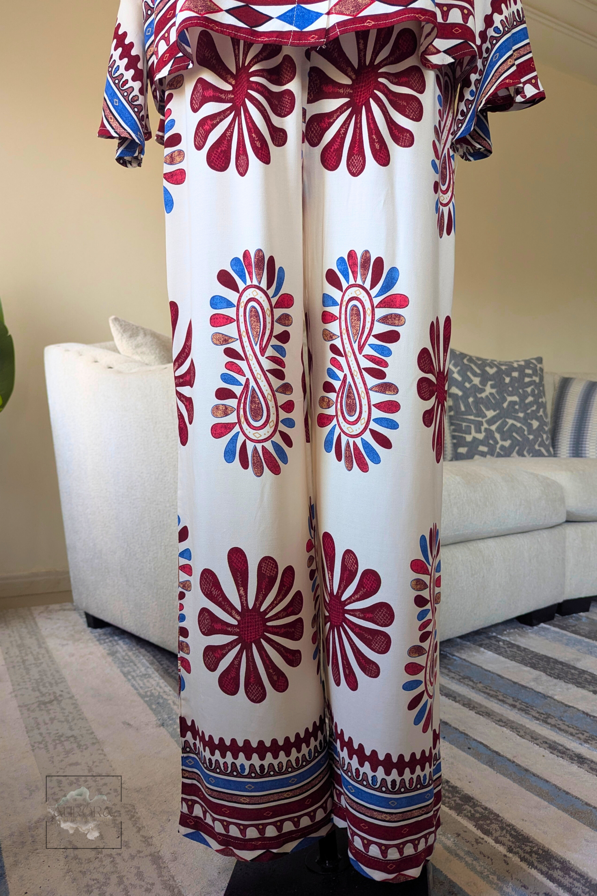 Flowy Viscose Suit with Flared Sleeves – Red Patterned Design | Aurora Fashion Boutique