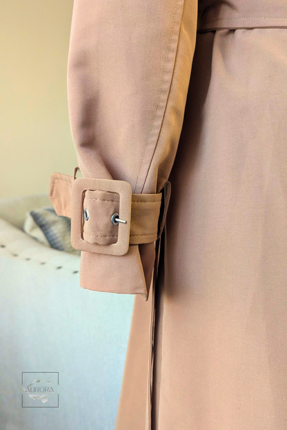 Classic Trench Coat with Matching Patterned Scarf