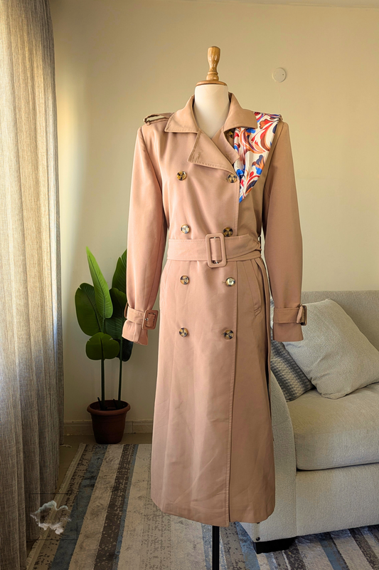 Classic Trench Coat with Matching Patterned Scarf