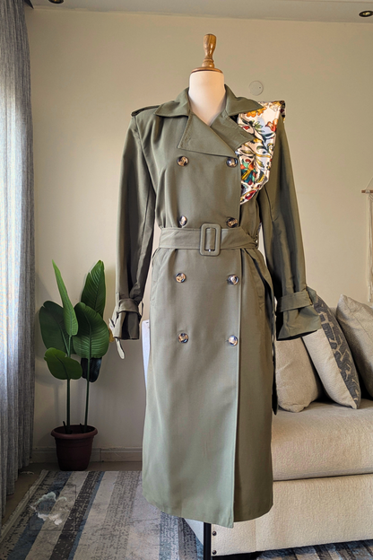 Classic Trench Coat with Matching Patterned Scarf