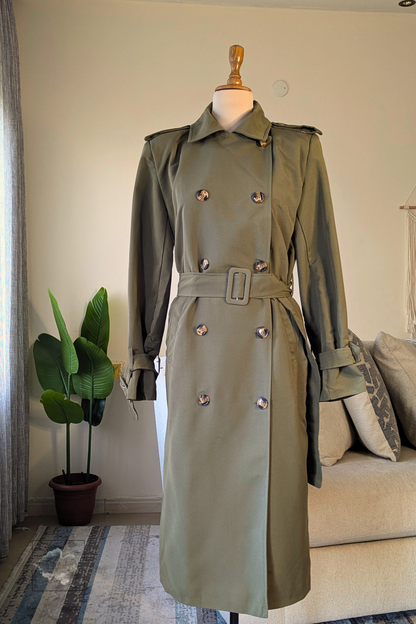 Classic Trench Coat with Matching Patterned Scarf