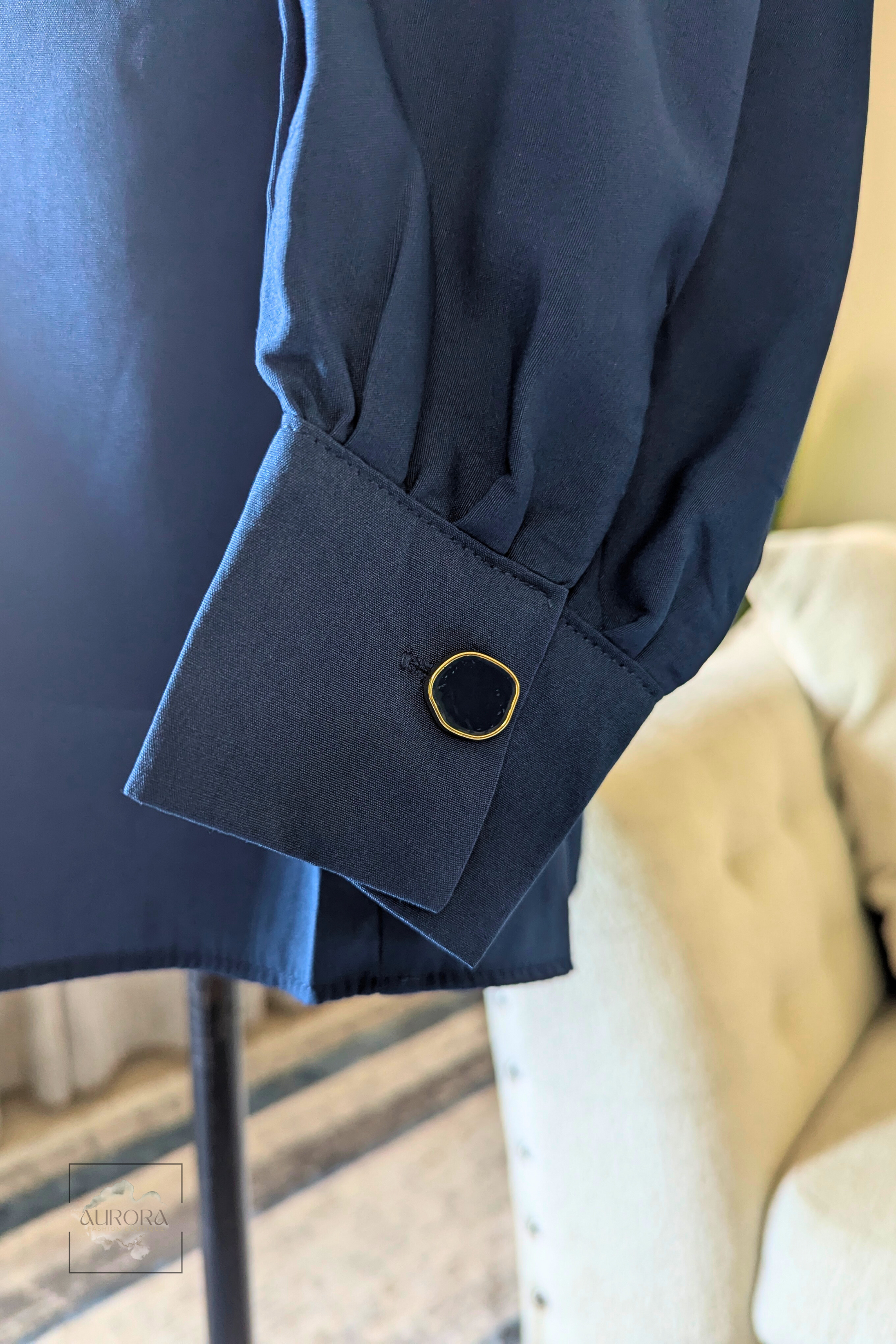 Formal Belted Long Sleeve Shirt with Decorative Buttons in Indigo – Aurora Fashion Boutique
