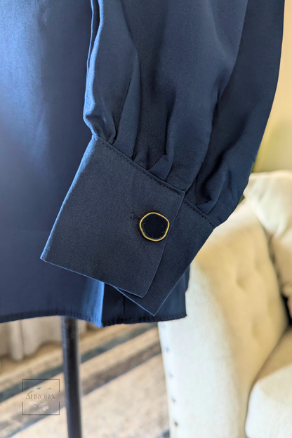 Formal Belted Long Sleeve Shirt with Decorative Buttons in Indigo – Aurora Fashion Boutique