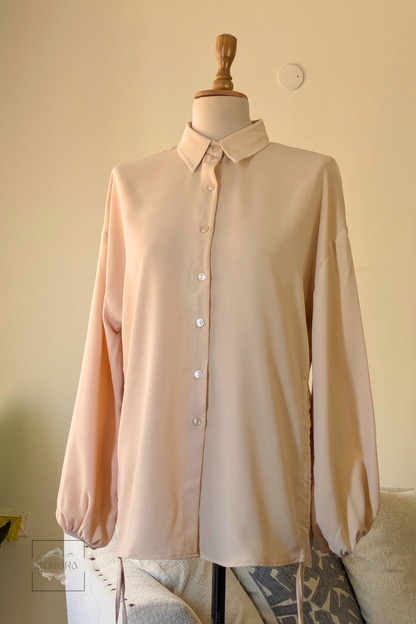Side-Tie Long Sleeve Shirt in Stone, Polyester – Aurora Fashion Boutique