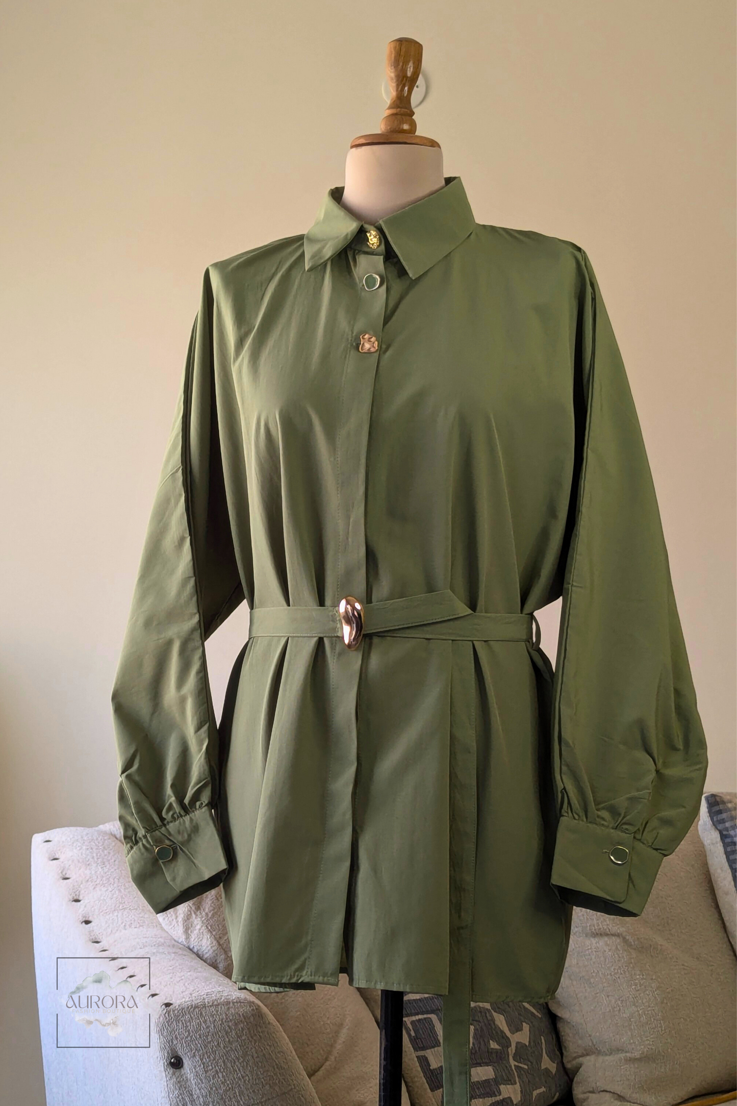 Formal Belted Long Sleeve Shirt with Decorative Buttons in Khaki – Aurora Fashion Boutique