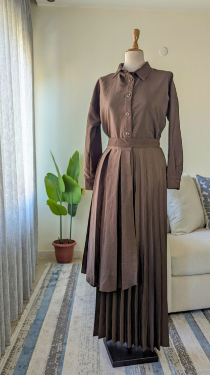 Accordion Pleated Suit with Belted Shirt & Asymmetric Overlay