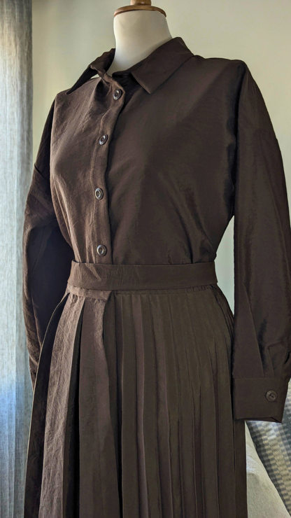 Accordion Pleated Suit with Belted Shirt & Asymmetric Overlay