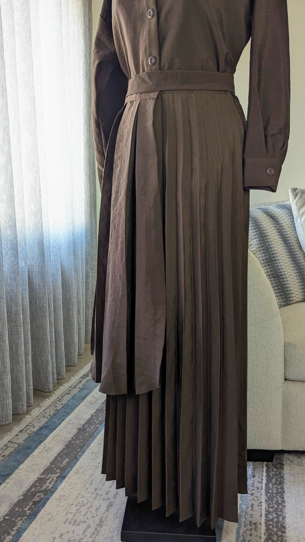 Accordion Pleated Suit with Belted Shirt & Asymmetric Overlay