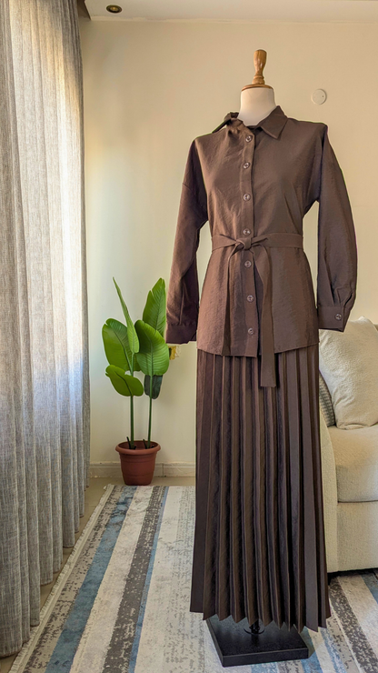 Accordion Pleated Suit with Belted Shirt & Asymmetric Overlay
