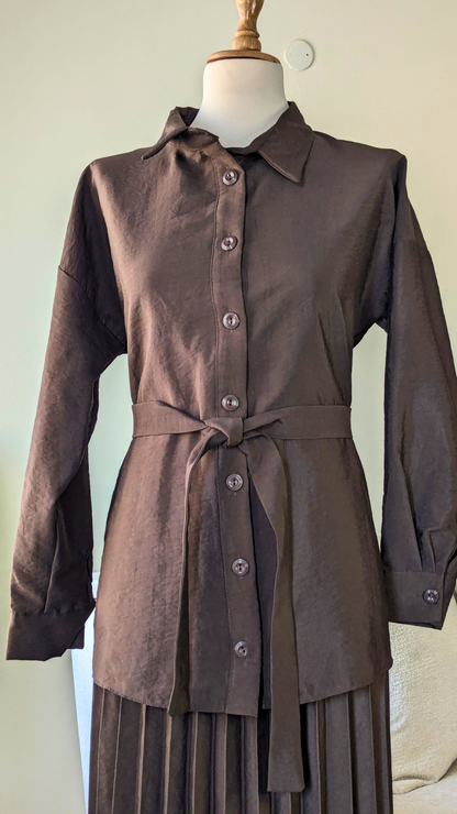 Accordion Pleated Suit with Belted Shirt & Asymmetric Overlay